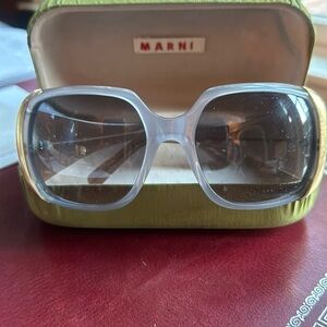 Marni sunglasses gray/blue frame with gold on outside edge arms pinkish brown